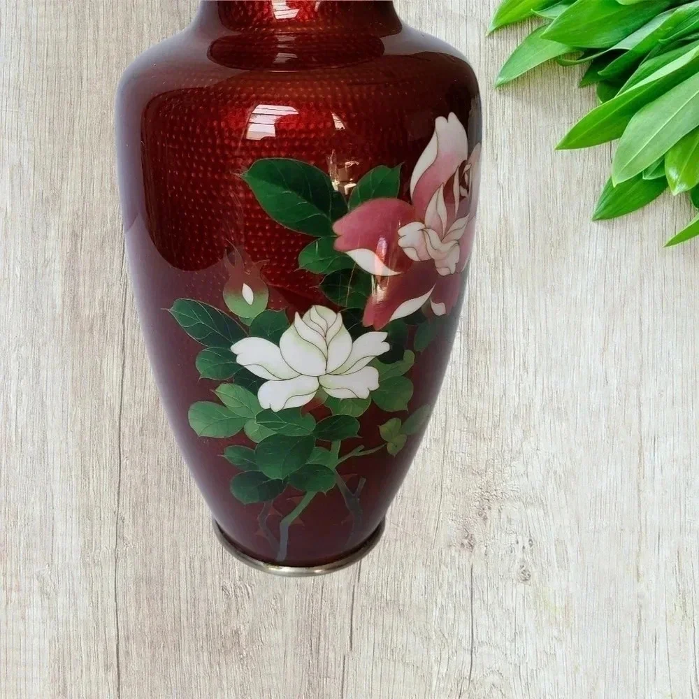 JAPANESE cloisonne vase with crimson rose lovely red